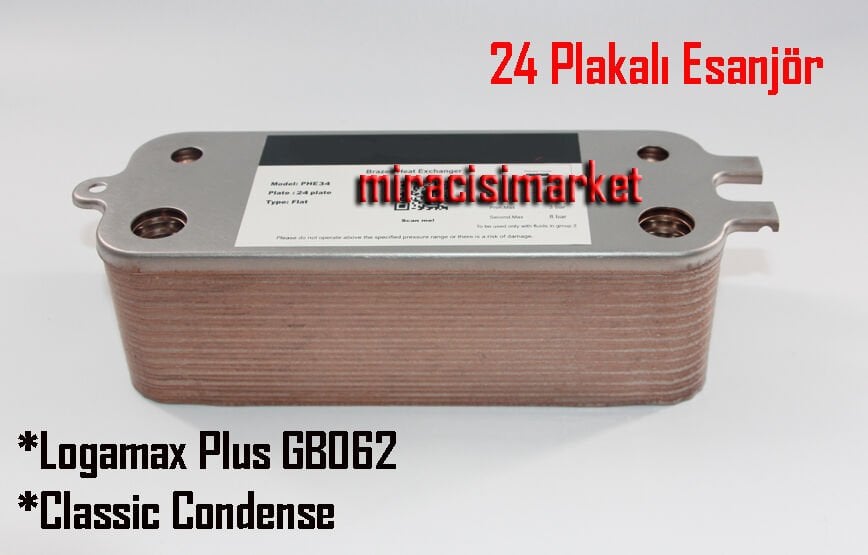 Buderus logamax plus GB062 Plakalı eşanjör . 24.Plakalı üstü düz kulaklı ( 93180003024 )(PRC) Buderus logamax plus gb062 -024  eşanjör . 1.Vidalı  2.Geçme kulaklı