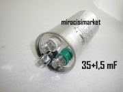 ﻿Klima kondansatör . 35+1.5 MF 450VAC . Aleminyum Gövdeli 3 Soketli ( KLK003 ) ( CBB65 ) 35+1.5 MF klima kondansatörü .