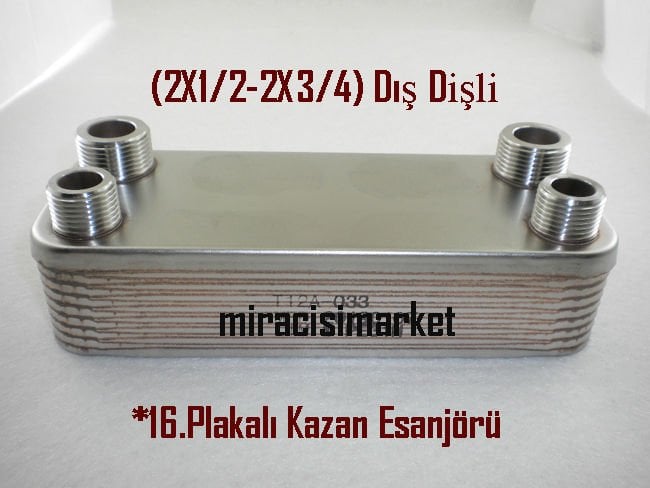 Kazan eşanjör . 16.Plakalı (2x1/2 - 2x3/4) 4.Dış Dişli ( 93180011116 )(PRC) Kapasite 270 Litre-Saat . Kömürlü kazan eşanjörü .