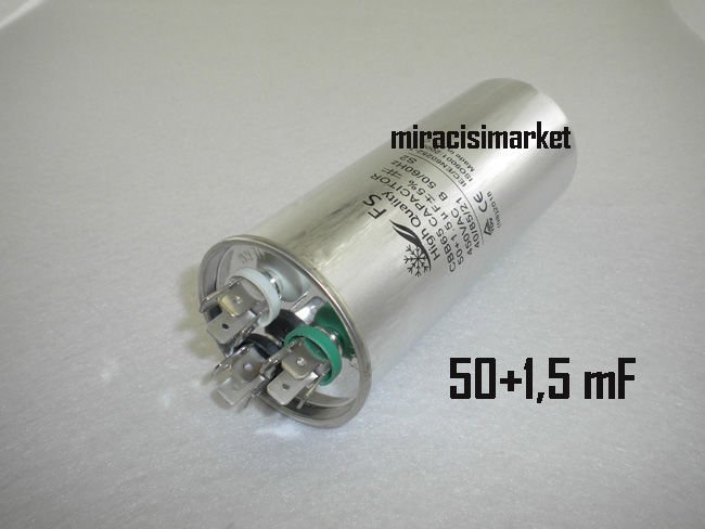 50+1,5 MF ﻿Klima kondansatör 450VAC . Aleminyum Gövdeli 3 Soketli . Fan uçlu ( KLK012 ) ( CBB65 )