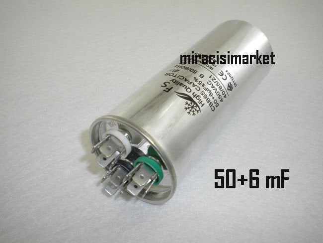 50+6 MF ﻿Klima kondansatör 450VAC . Aleminyum Gövdeli 3 Soketli ( KLK015) ( CBB65 ) Fan uçlu .