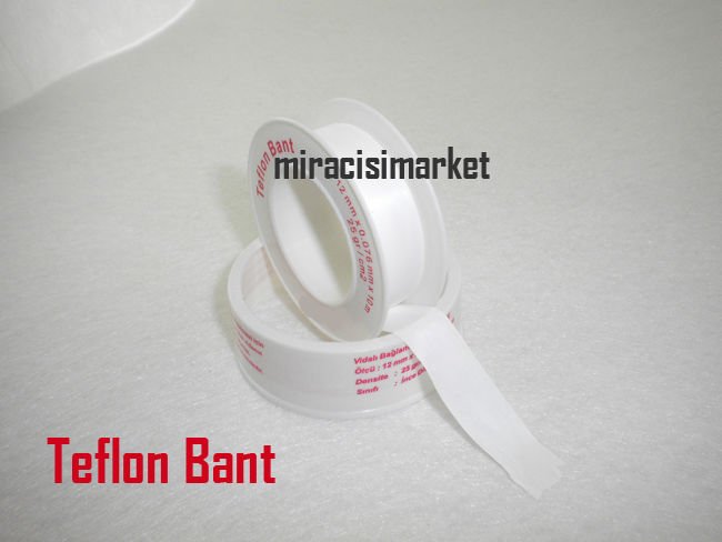Teflon bant . Beyaz renkli . PTFE ( TE354B ) (PRC) 12mm (12mmx0.076mm) 10 Metre .  Vida dişinin şeklini alabilmesi için az miktarda ters şekilde gerilerek üst üste sarılarak uygulanır .