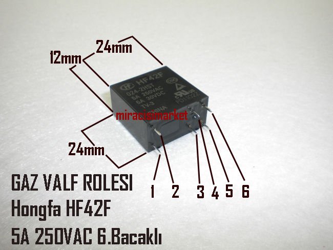 Nitron gaz valfi rölesi . Hongfa HF42F ( Panasonic ALA2PF/24 röle Muadili ) ( 93180001160 )(PRC) 6.Bacaklı 5A 250VAC Ebad Ölçüleri(24x12x24mm)  Kombi kartı gaz valfi rölesi