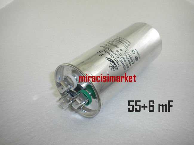 Klima kondansatörü . 55+6 mF 450VAC Aleminyum Gövdeli 3 Soketli ( KLK018 )(CBB65) Klima kompresör kondansatörü .