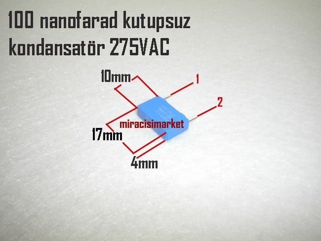100 nanofarad kondansatör . Kutupsuz seramik 275VAC Kare tip minik 2 uçlu ( 93180001434 ) ebad ölçüleri(17x4x10)mm . Demirdöküm nitron kondansatör . 100 nanofarad kutupsuz kondansatör