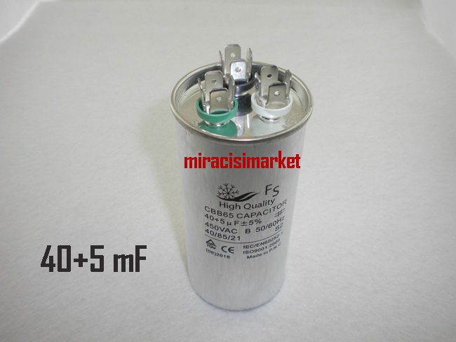 Klima kapasitörü . 40+5 uF 450VAC Aleminyum Gövdeli 3 Soketli ( KLK006 )(CBB65) Klima kompresör kondansatörü . fs high Quality capacitor . klima yedek parça . 40+5 kondansatör