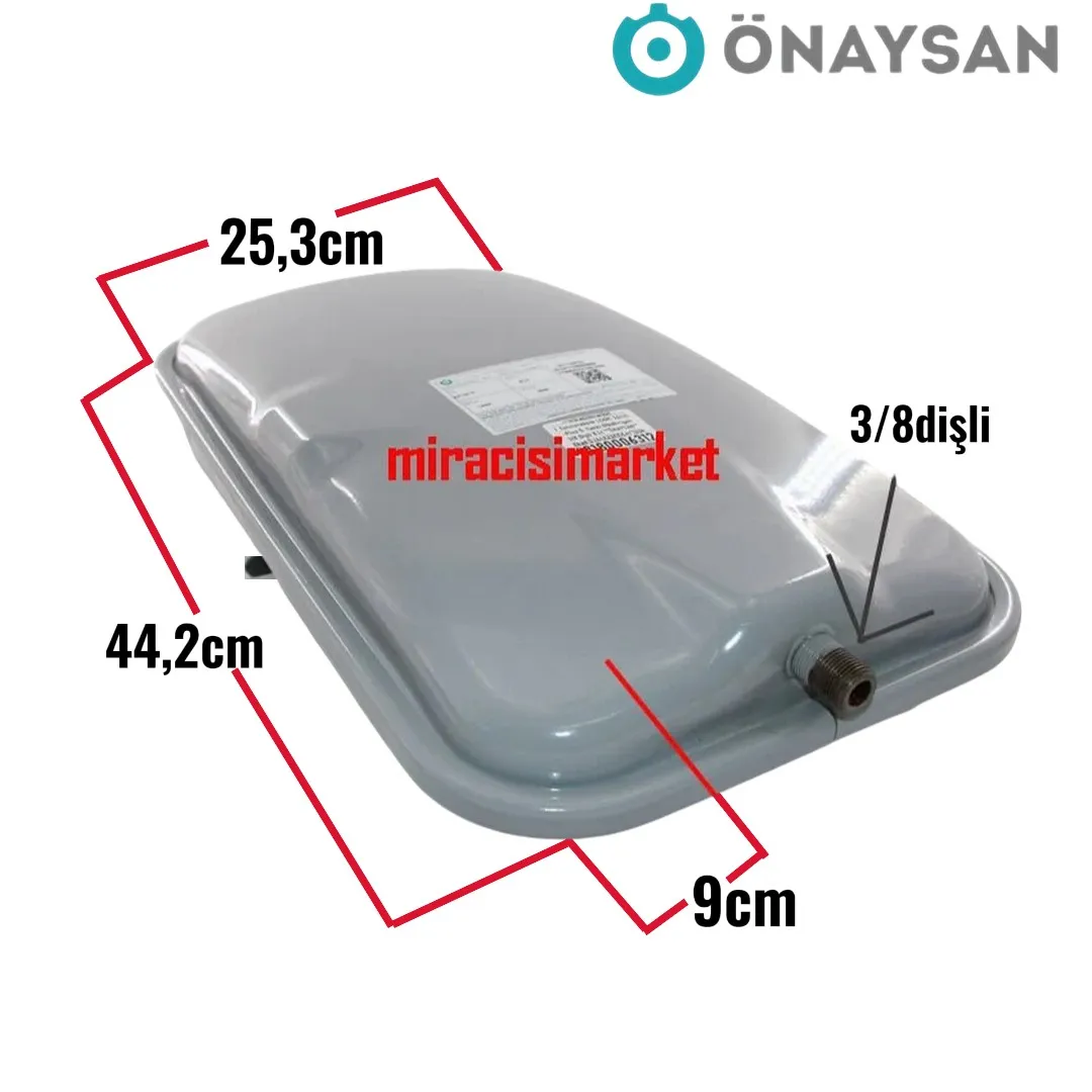 Termoteknik ideal Logic 26/35 genleşme tank .  8Lt su giriş 3/8 allta DİŞLİ . Sibop ortada yanda ( 93180006312 )(TR) Önaysan Dikgörtgen ebad ölçüsü (44,2x25,3x9)cm .