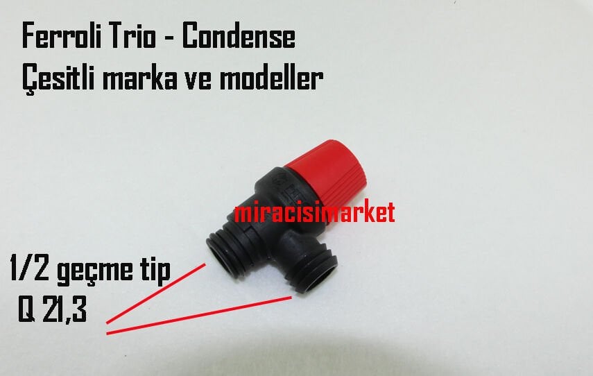Ferroli condense emniyet ventili . Ferroli Trio emniyet ventili . 3 bar 1/2 iki taraf geçme tip plastik ( 93180014250 )(TR) MEC Hydronic Solutions .