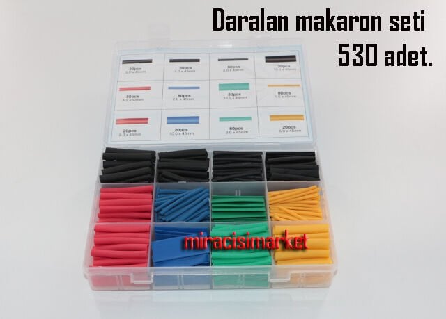 Daralan makaron seti 530 Adet . 8 farklı ebadlarda ( MAK26 ) çakmakla ısıtınca büzülen makaron . kabloları birbirine bağlarken izolasyon koruyucu kılıf . büzülen makaron seti .