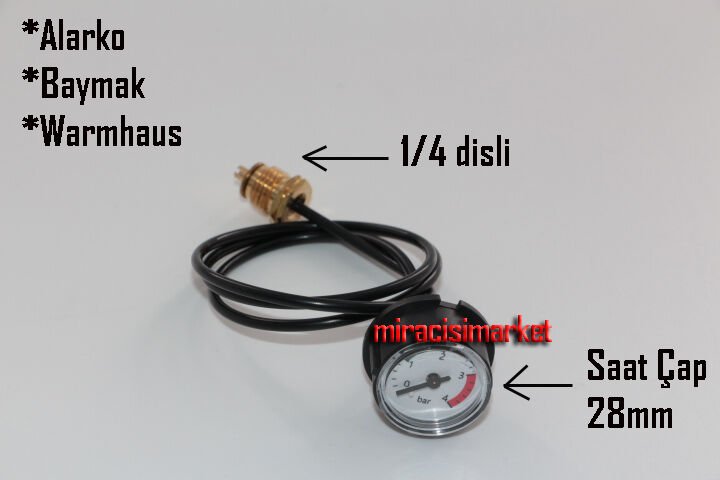 Alarko trendy manometre . 1/4 dişli saat çap:28MM Plastik hortumlu 65cm ( 93180008305 )(PRC) Warmhaus manometre . Baymak yeni tip manometre
