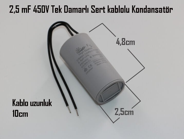 Pompa kondansatörü 2,5 Mf . 450V Tek Damarlı Sert kablolu . FS High Quality ( KD01AB ) CE,TÜV,ISO Kalite Belgeli kondansatör . (En 2,5-boy 4,8cm) Wilo pompa kondansatörü . Grundfos pompa kondansatörü